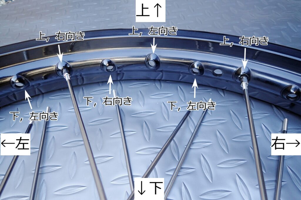 バイクのスポークホイールの組み方．