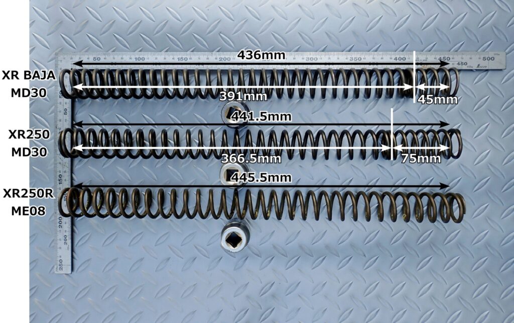 Detailed length measurements in millimeters for Honda XR BAJA, XR250, and XR250R front fork springs showing 436mm, 441.5mm, and 445.5mm respectively.