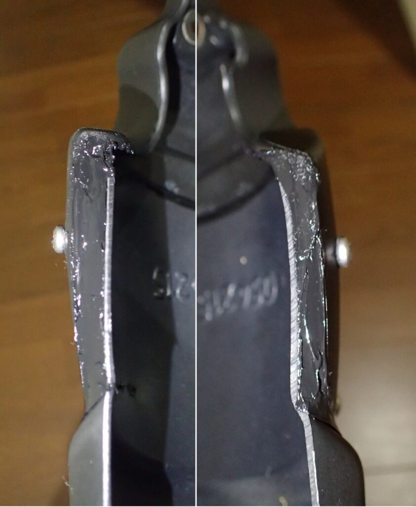 A cross-section comparison of the motorcycle fender joint, showing the gap 100% sealed and flattened with black silicone caulk.