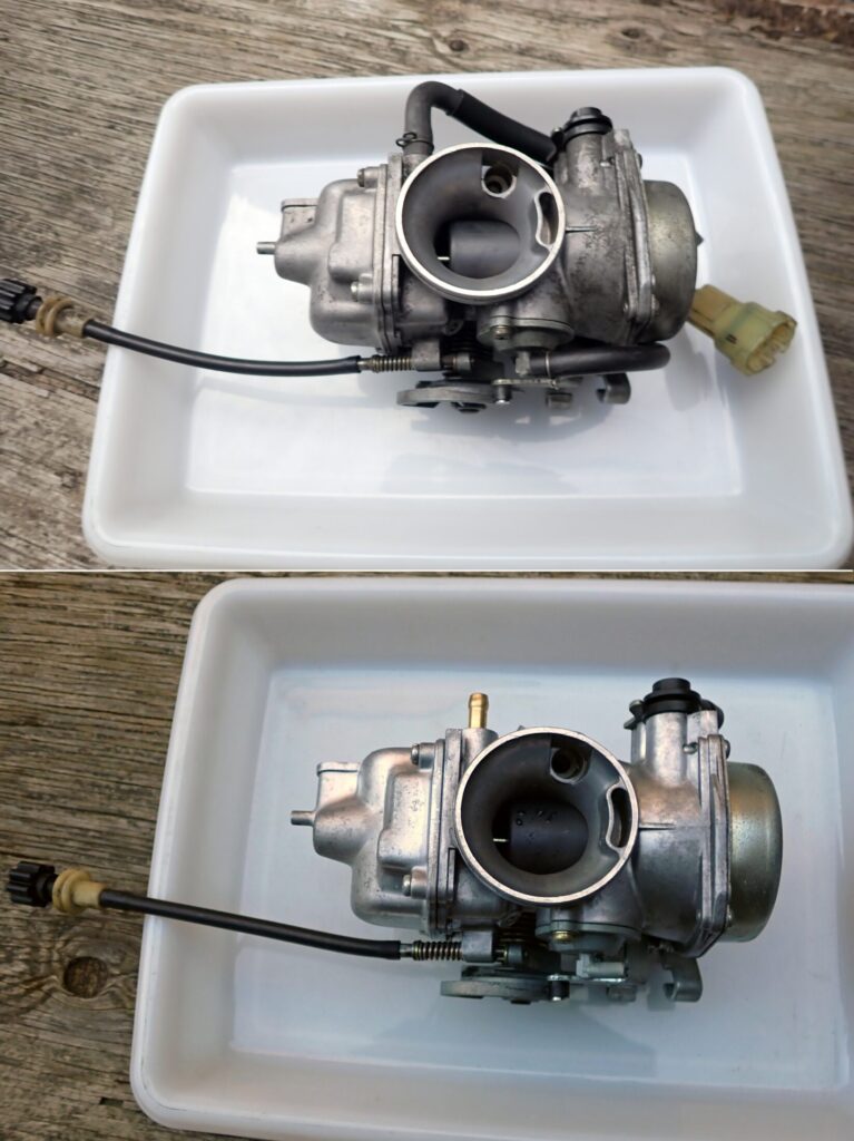 ホンダXR250用キャブレター全体の重曹ブラスト施工前（上）と施工後（下）の比較。蓄積した頑固な汚れが広範囲に除去されている様子