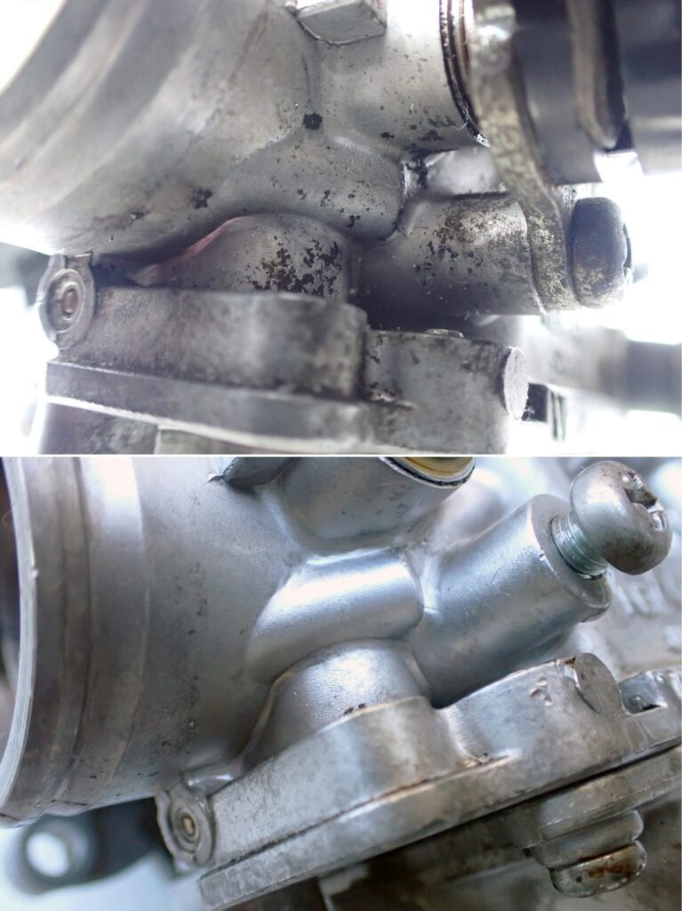 重曹ブラストによって新品のような金属光沢を取り戻した、非常に仕上がりの良いキャブレター本体の様子