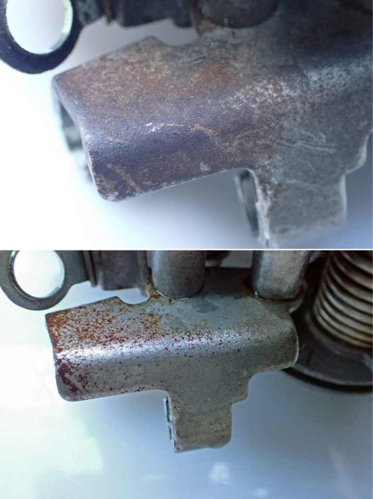 最もサビが進行していた箇所への重曹ブラスト施工例。短時間の噴射でサビが浮き上がり、金属の下地が見え始めている様子