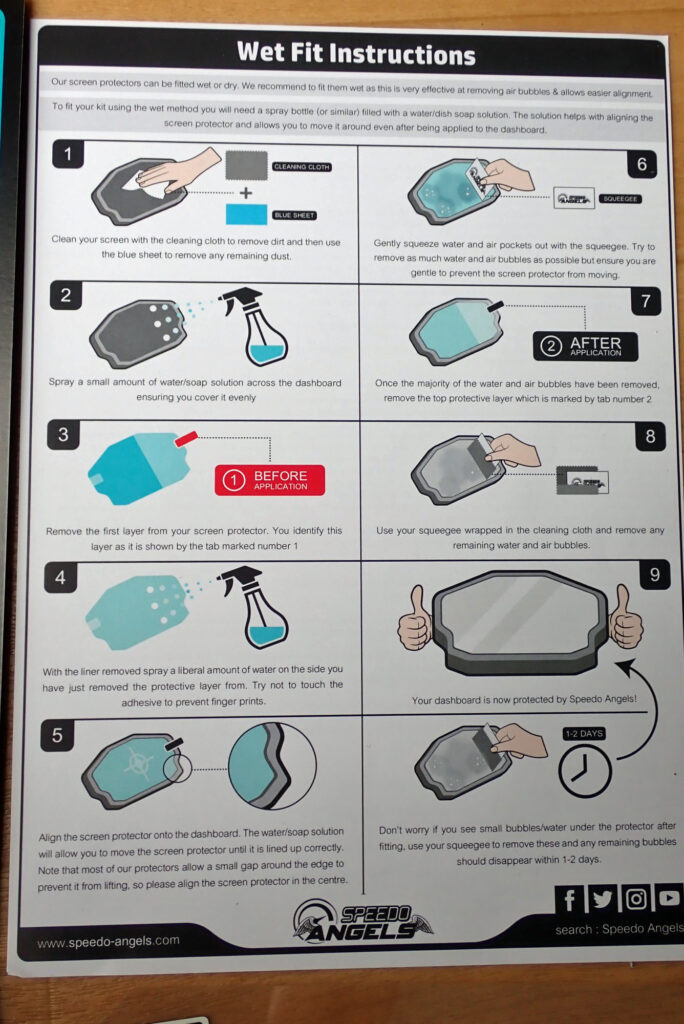 Close-up view of the printed Speedo Angels English instruction sheet detailed with step-by-step illustrations for the wet fit application process.