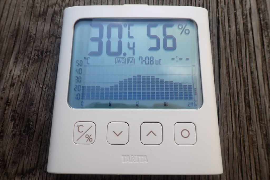 Tanita hygrometer screen tracking hourly temperature data inside the motorcycle storage, displaying 30.4 degrees Celsius on a Wednesday.