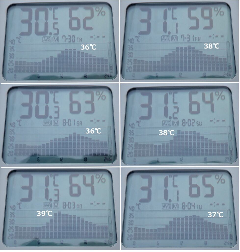 A photo of a thermometer recording temperature changes in the garage. July 30 – August 4.