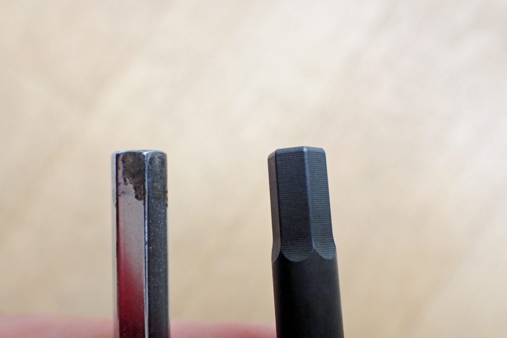 Comparison of tip chamfer and surface finish between TONE and Ko-ken Z-EAL hex bit sockets
