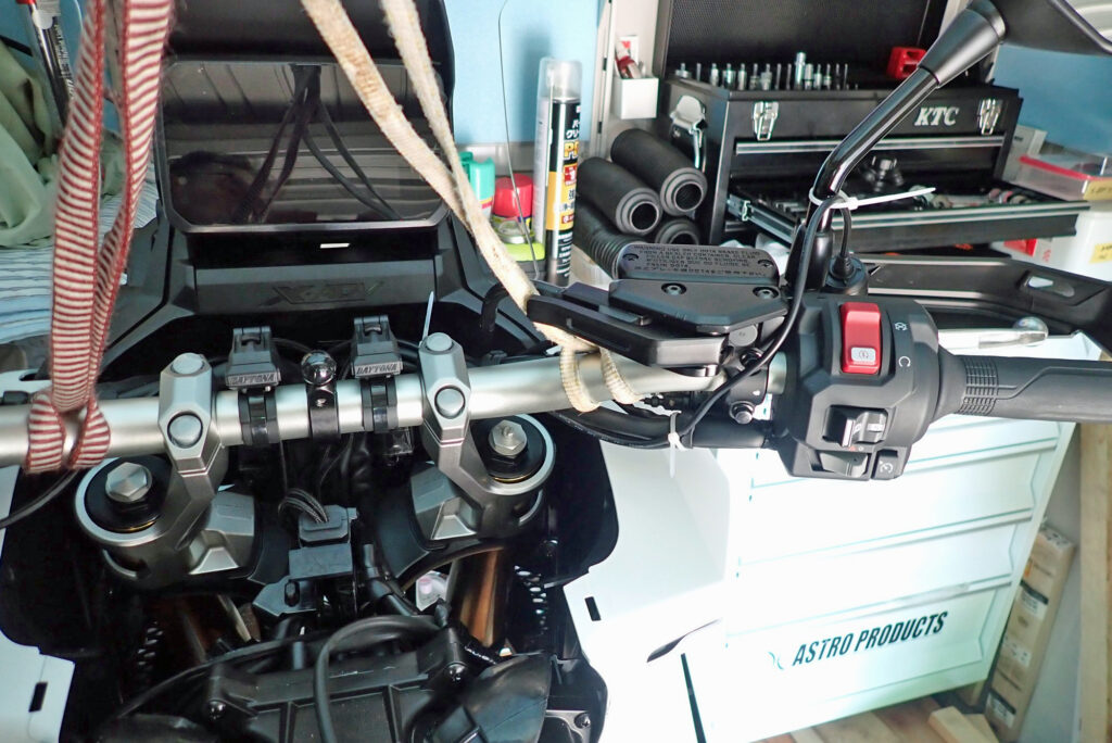 Honda X-ADV front camera cable routed to the handlebar and mirror mount area