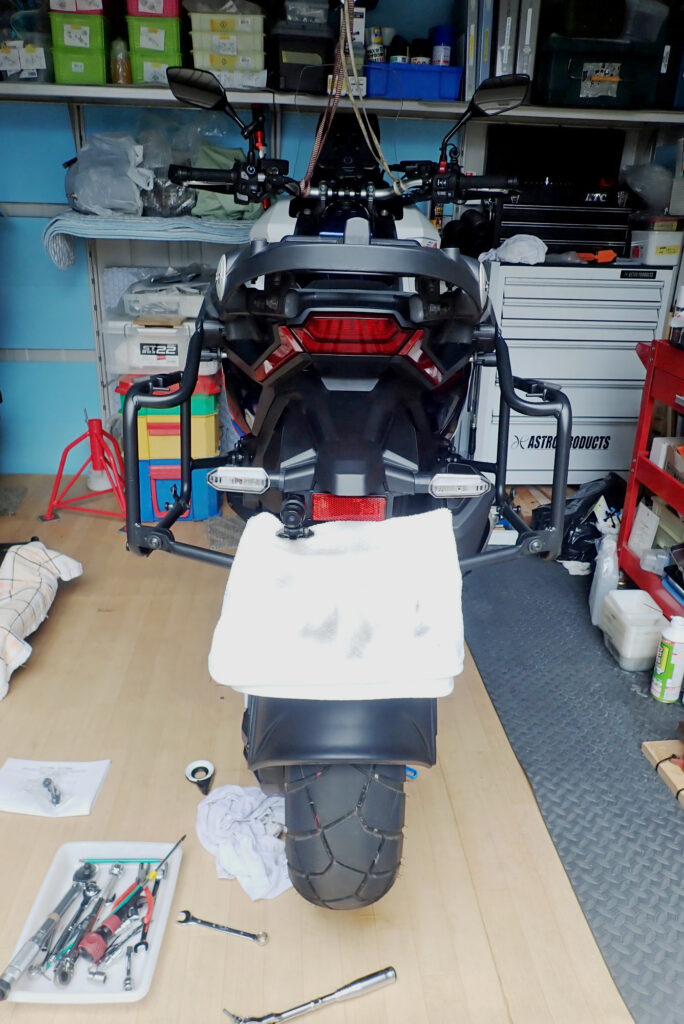Rear view of GIVI PLO1188MK side case rack installed on Honda X-ADV