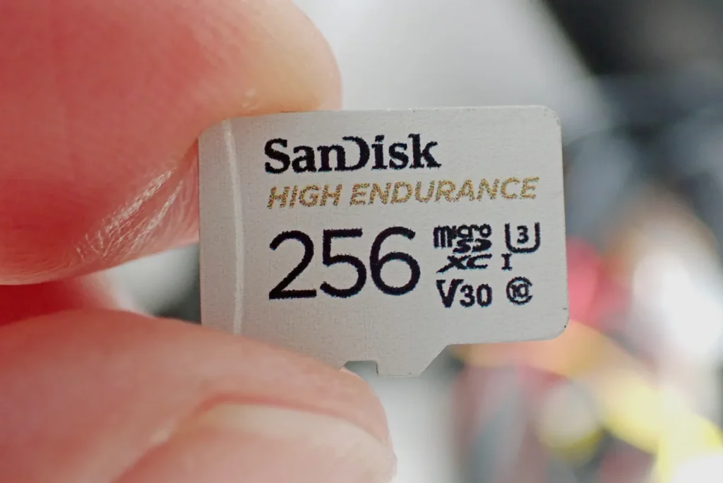 SanDisk High Endurance 256GB microSD card used for motorcycle dashcam