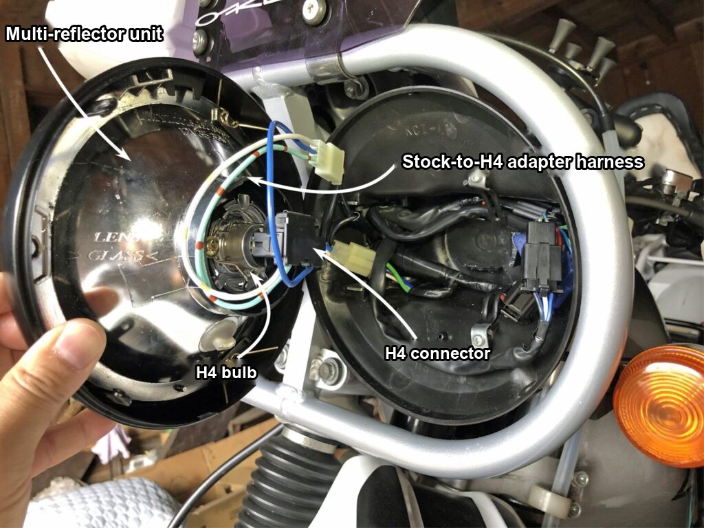 Wiring the H4 bulb inside the cramped headlight shell of the XR250 BAJA