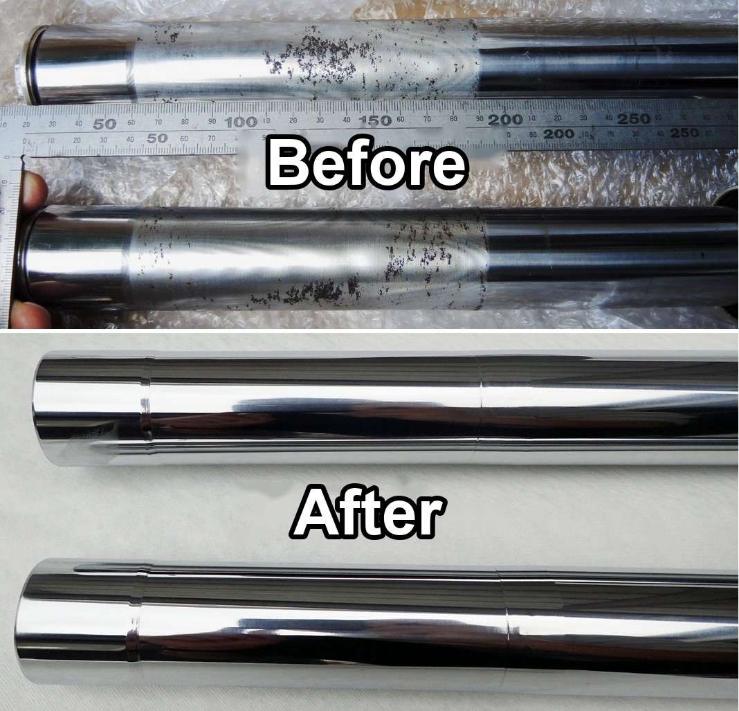 Before and after re-plating: inner tubes covered in rust pits, and the same tubes with a mirror finish