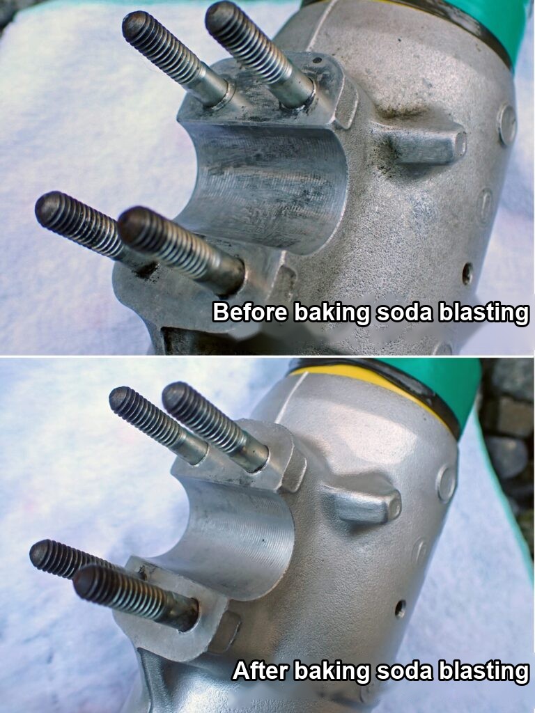 Fork axle holder (bottom of the outer tube) before and after baking soda blasting