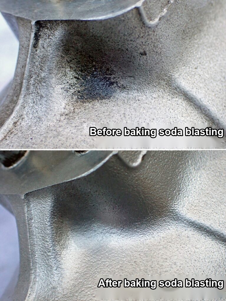 Inside corner of the fork axle holder before and after baking soda blasting