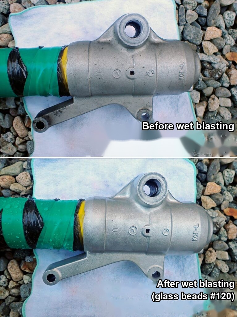 XR250 fork axle holder before and after wet blasting with #120 glass beads