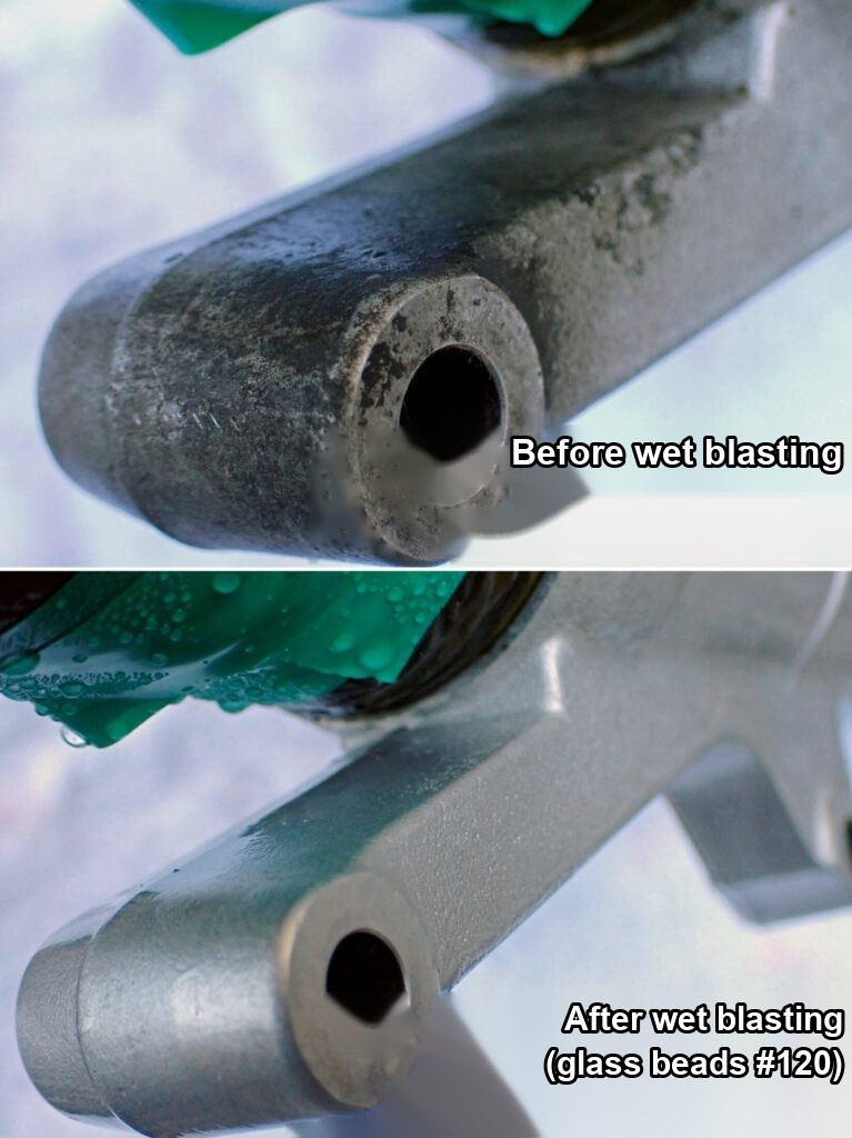 Fork axle holder arm, not baking soda blasted first, before and after wet blasting with #120 glass beads
