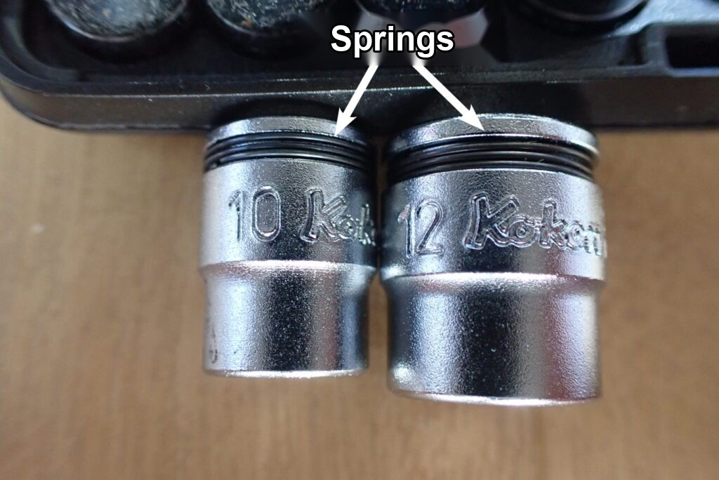 Close-up of Koken nut grip sockets, showing the spring near the tip that stops bolts falling out