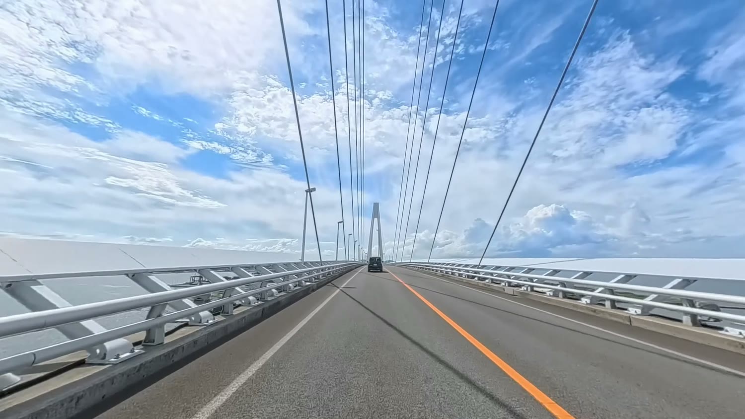 ケーブルが張られた新湊大橋の白い主塔を見上げるところ