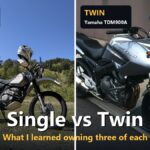 My Honda XR250 BAJA (single) and Yamaha TDM900A (twin) side by side, with the title Single vs Twin